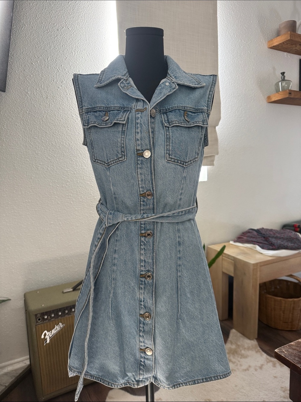 Zara Light Blue Denim Mini Dress with Belt